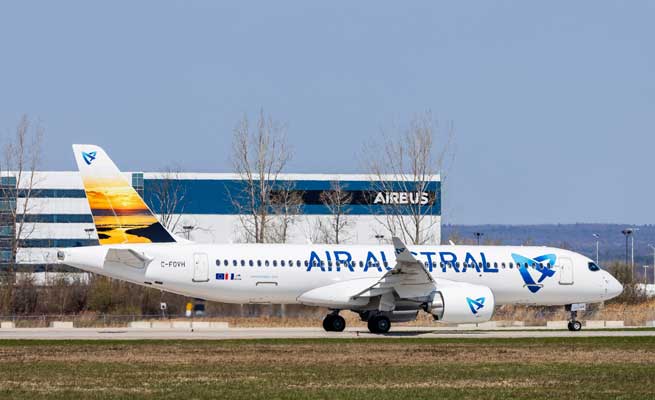 First A220-300 for Air Austral takes off at the A220 final assembly line in Mirabel, Canada First A220-300 for Air Austral takes off at the A220 final assembly line in Mirabel, Canada