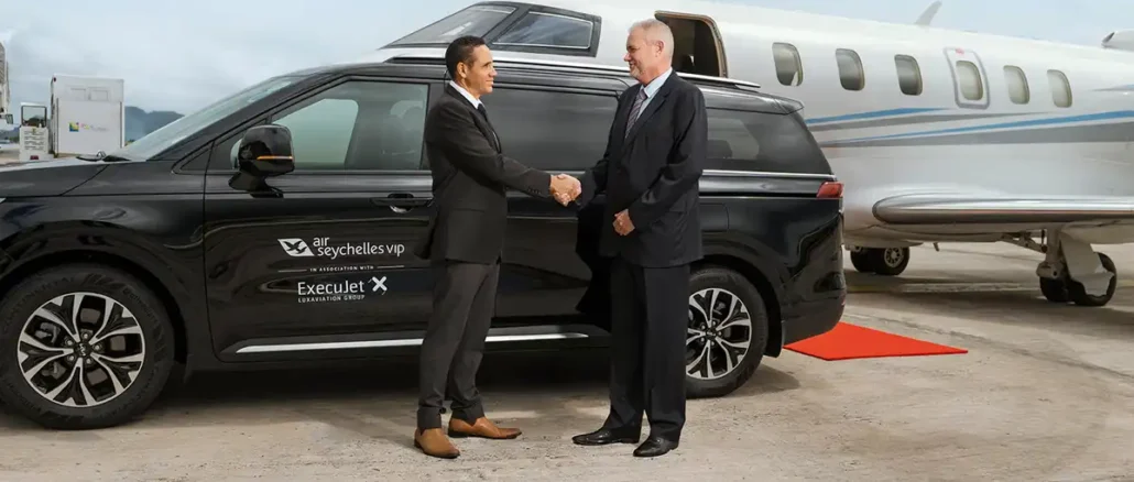 execujet air seychelles CEO and Gavin shaking hands